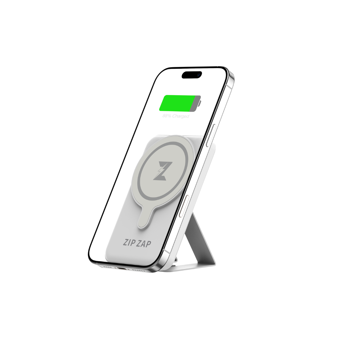 iPhone charging upright on the Zap Pad stand